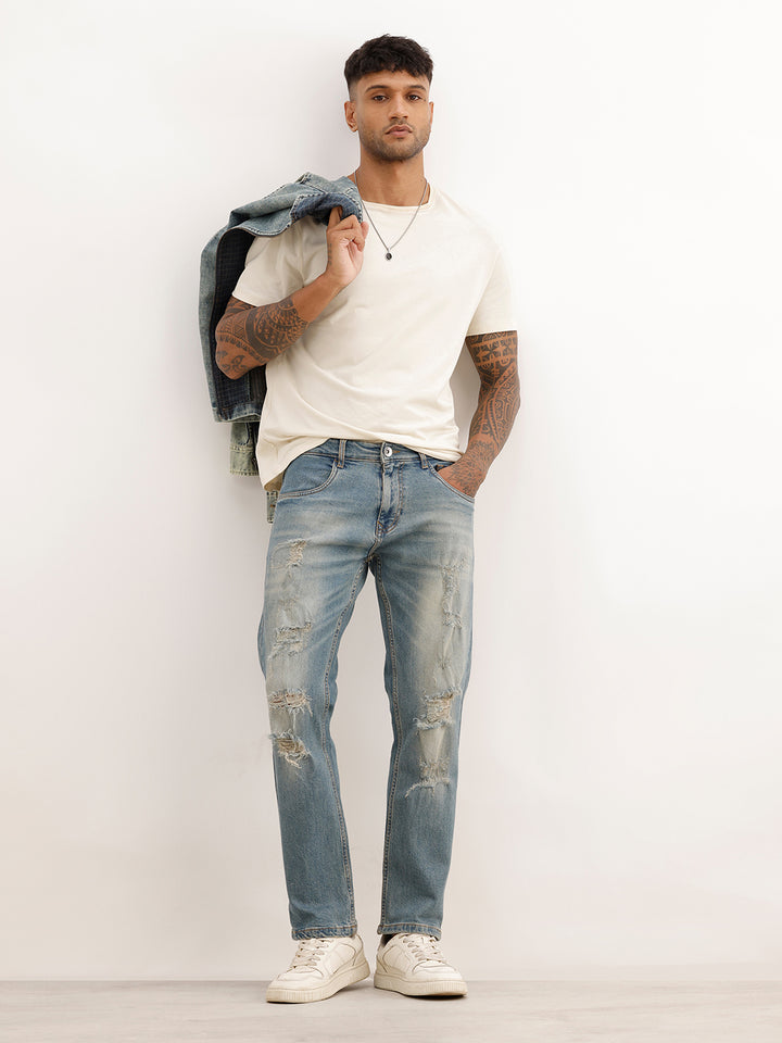 Faded Anti Fit Distressed Denim Jeans | Light Blue