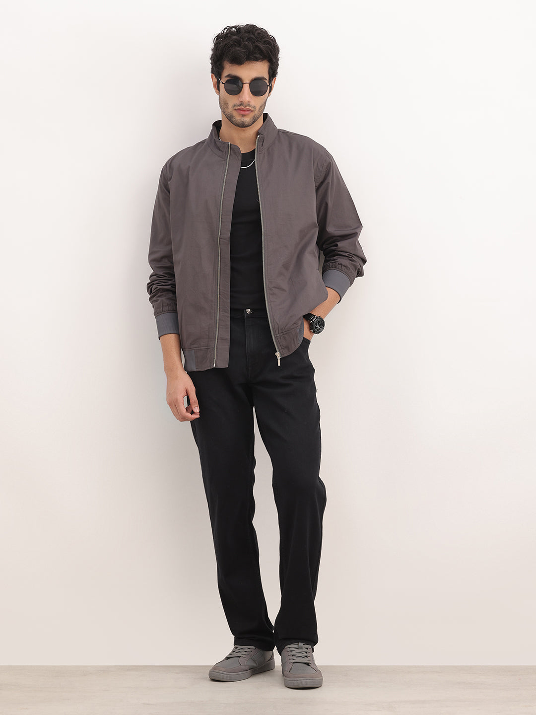 Solid Regular Fit Zipper Jacket | Grey