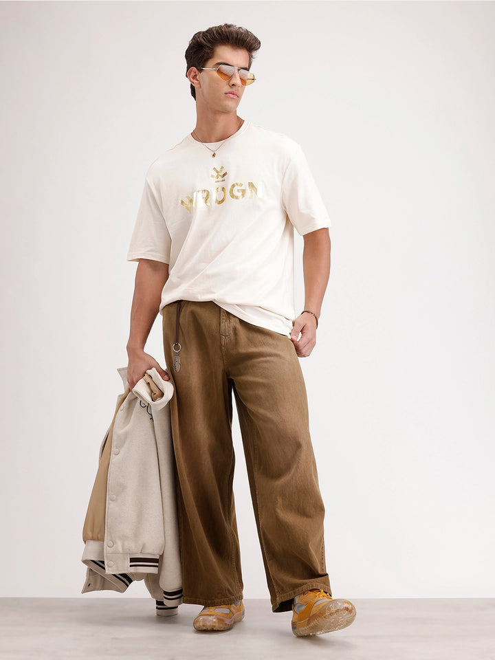 Oversized Foil Printed T-Shirt | Beige