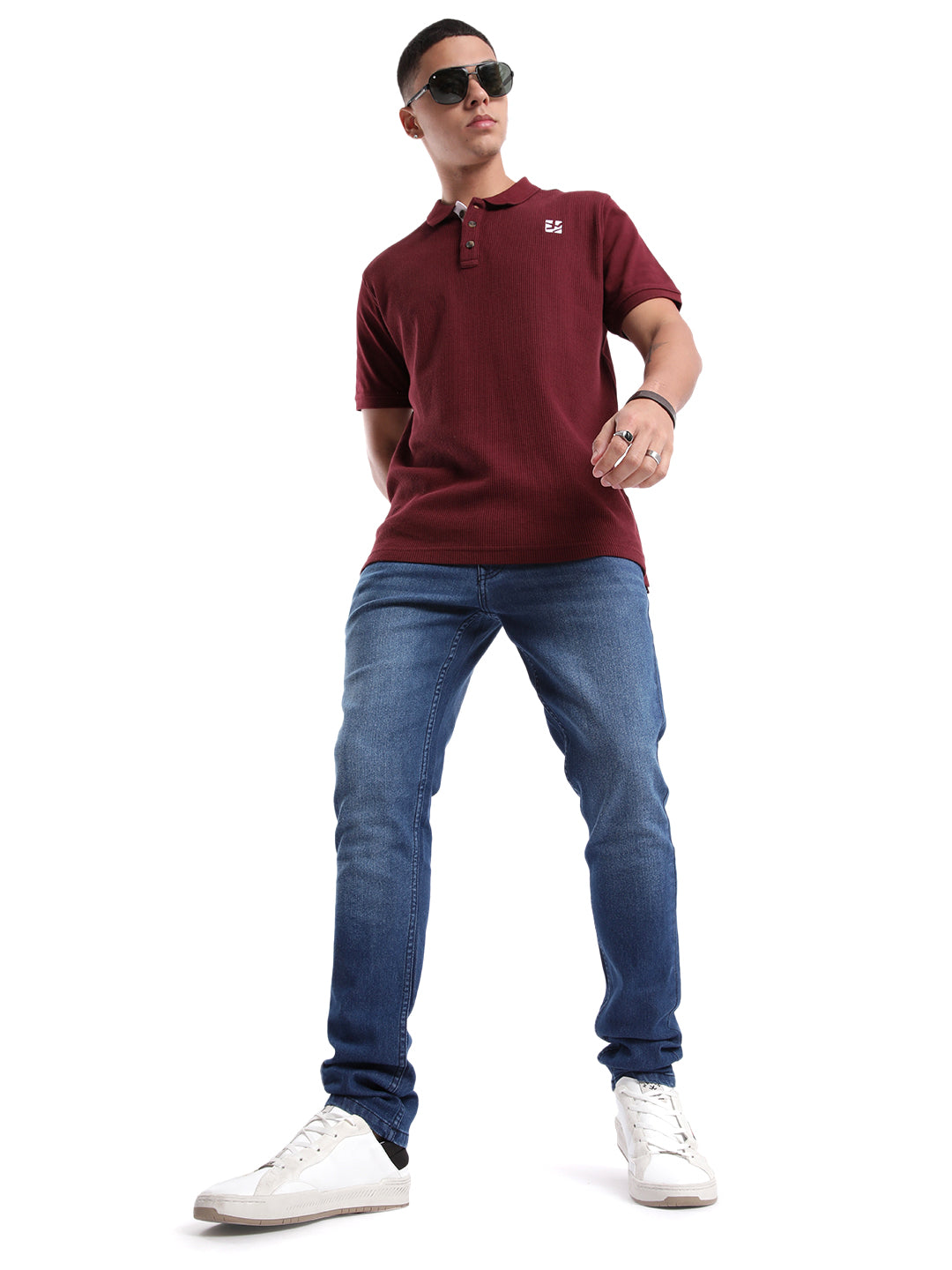 Textured Maroon Waffle Polo T-Shirt