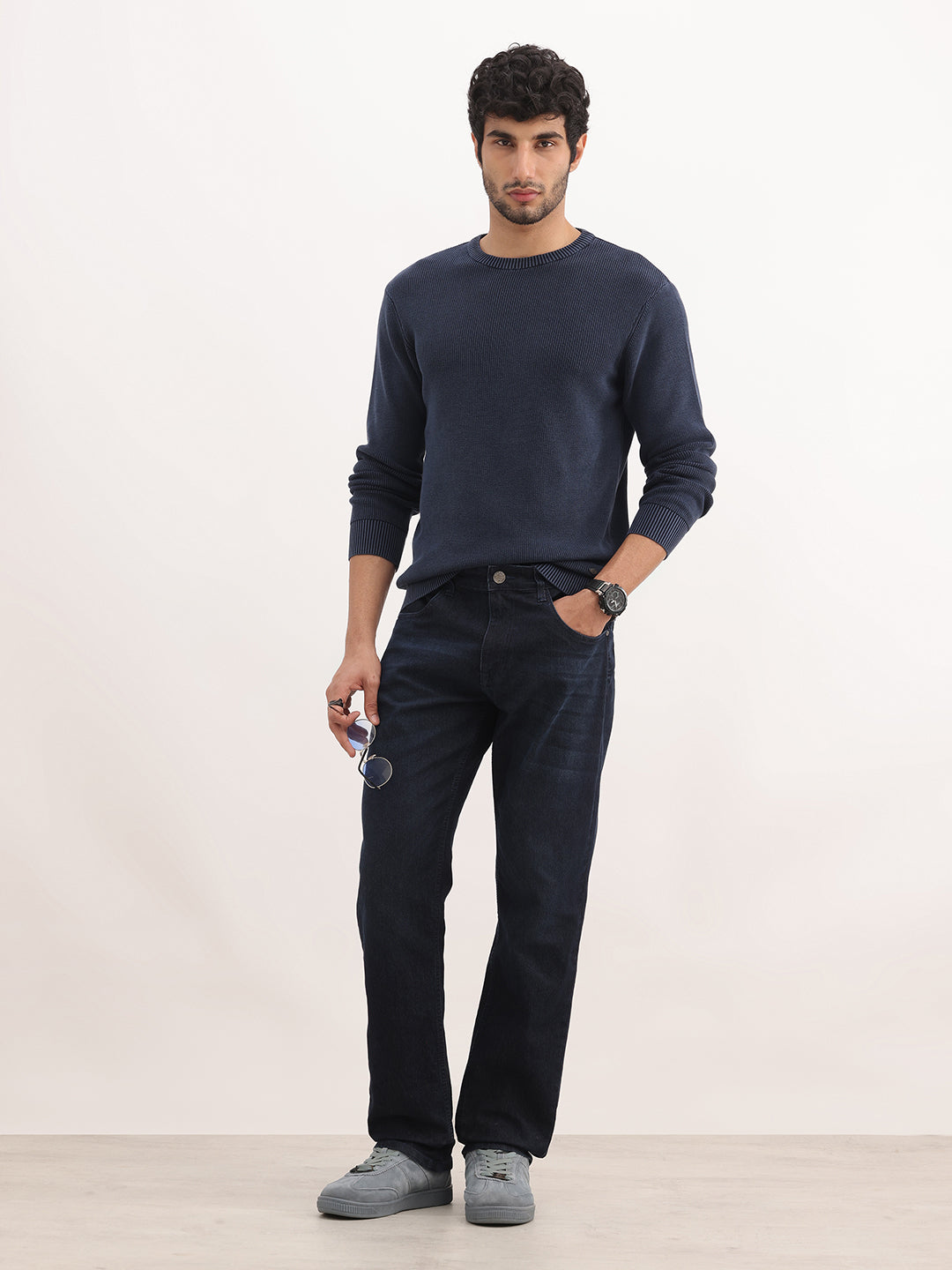 Solid Regular Fit Sweater | Navy Blue