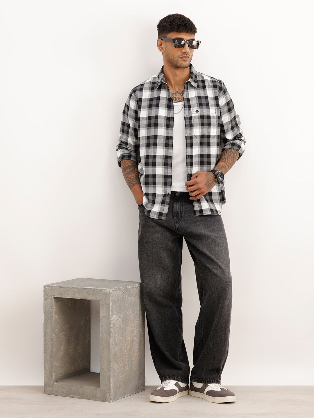 Regular Fit Checkered Full Sleeve Shirt | Black