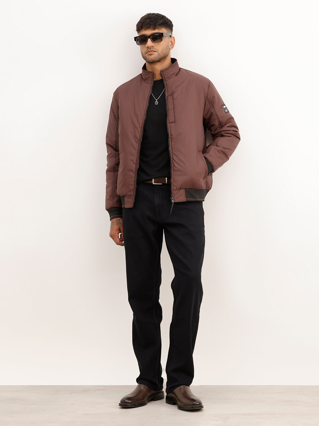Solid Regular Fit Puffer Jacket | Brown
