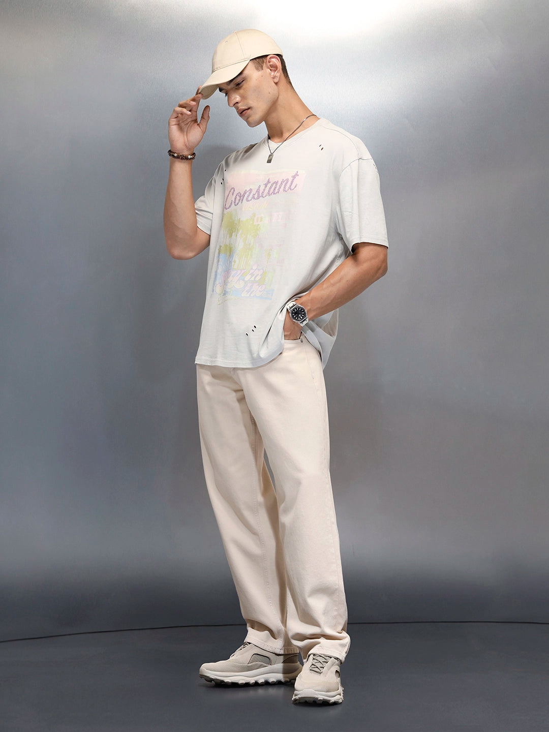 Washed Men's Casual Graphic Printed Oevrsized Fit T-Shirt | Grey