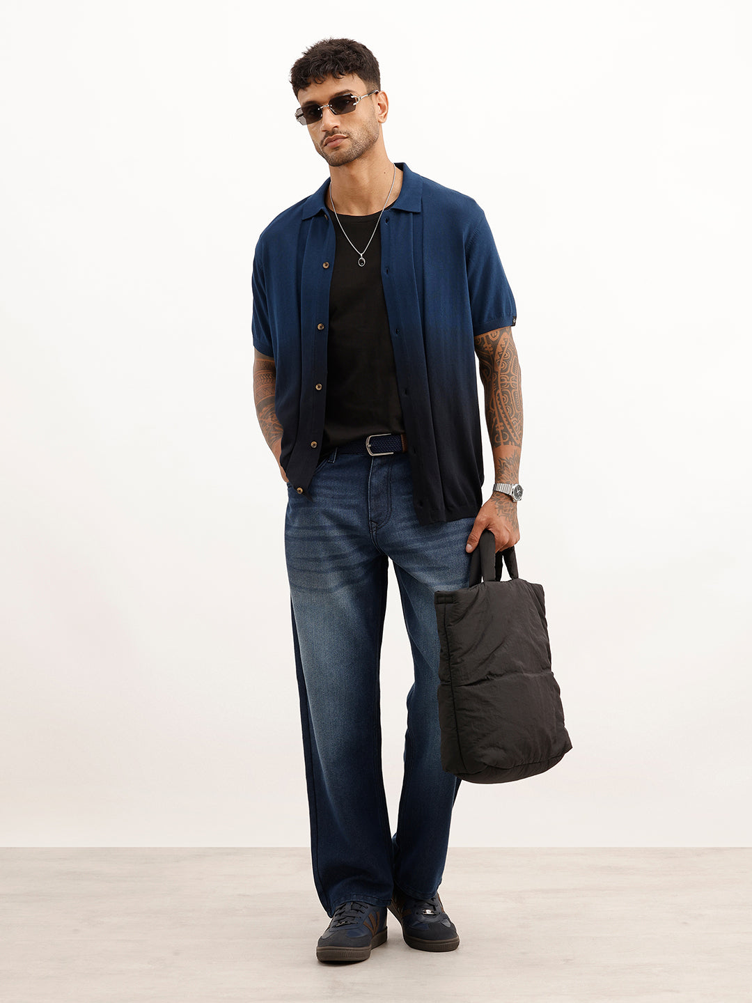 Solid Half Sleeve Flat Knit Shirt | Navy Blue