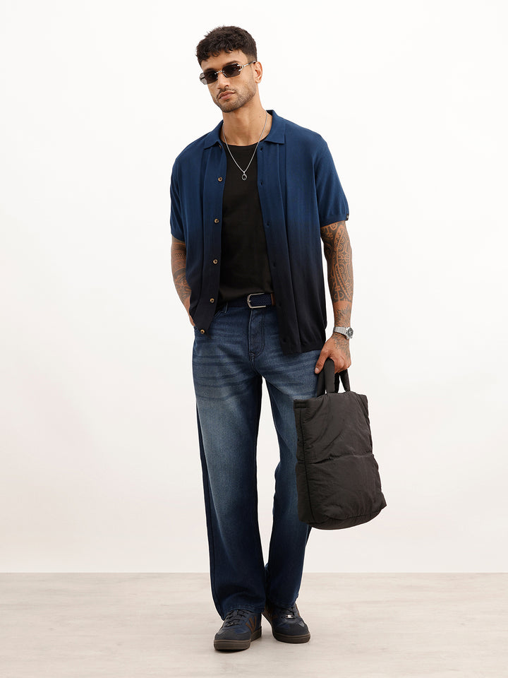 Solid Half Sleeve Flat Knit Shirt | Navy Blue
