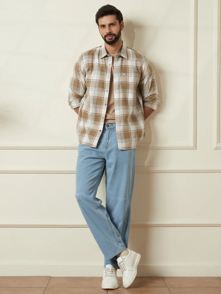 Tonal Checked Slim Fit Shirt | Brown