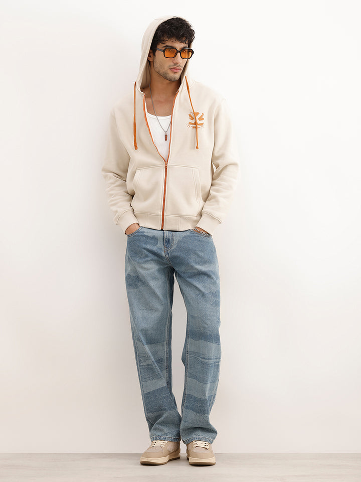 Classic Printed Zipper Hooded Sweatshirt | Beige