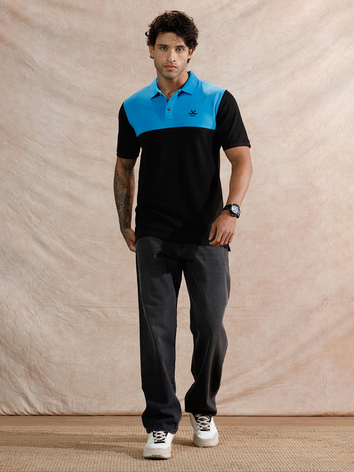 Contrast Colour Blocked Polo T-Shirt | Navy Blue