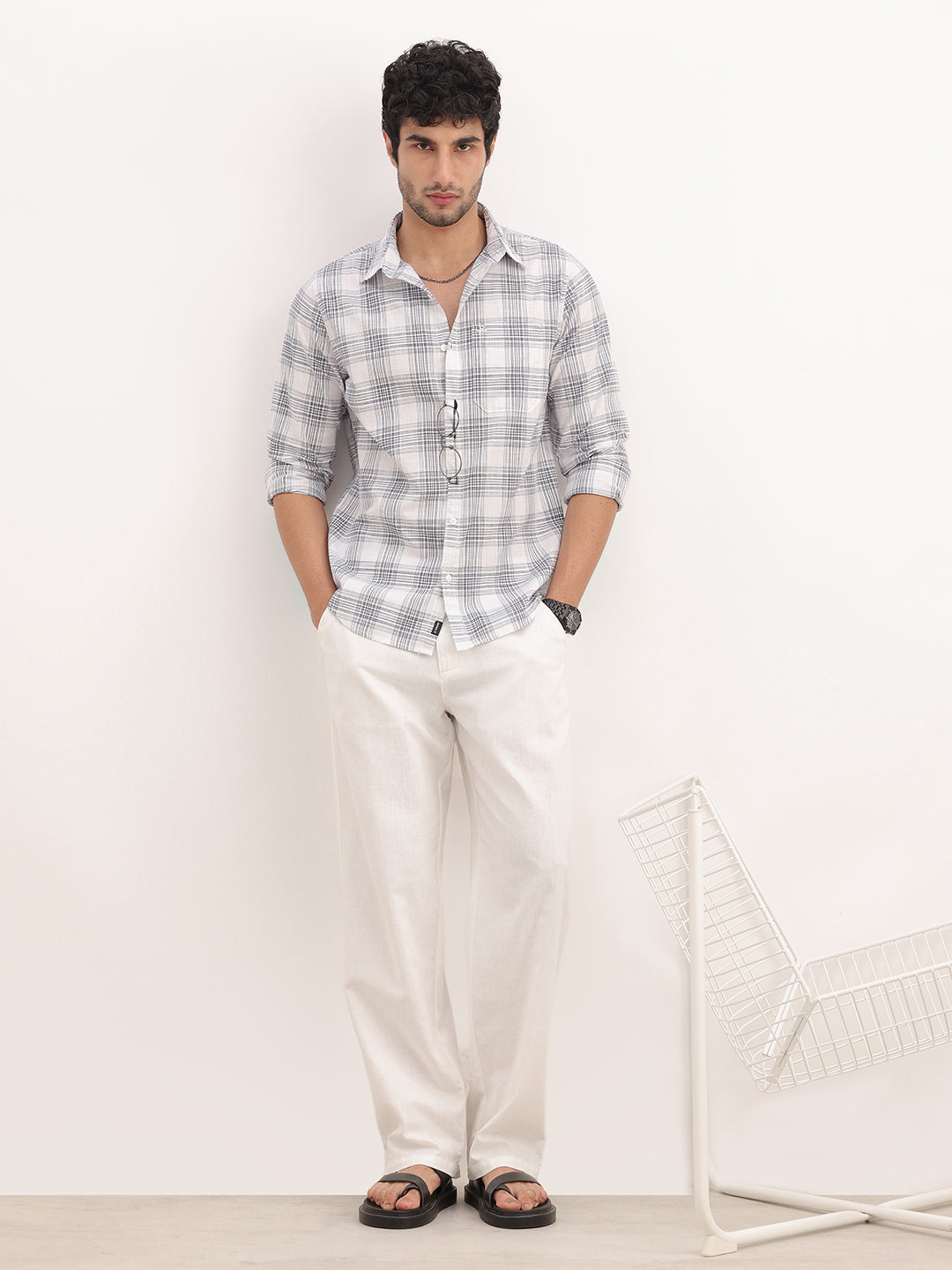 Slim Fit Checkered Full Sleeve Shirt | White