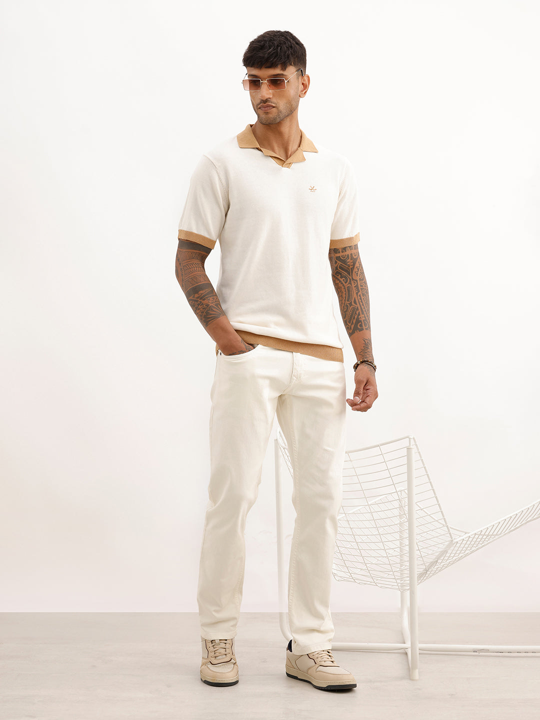 Regular Fit Contrast Collar Polo T-Shirt | Beige