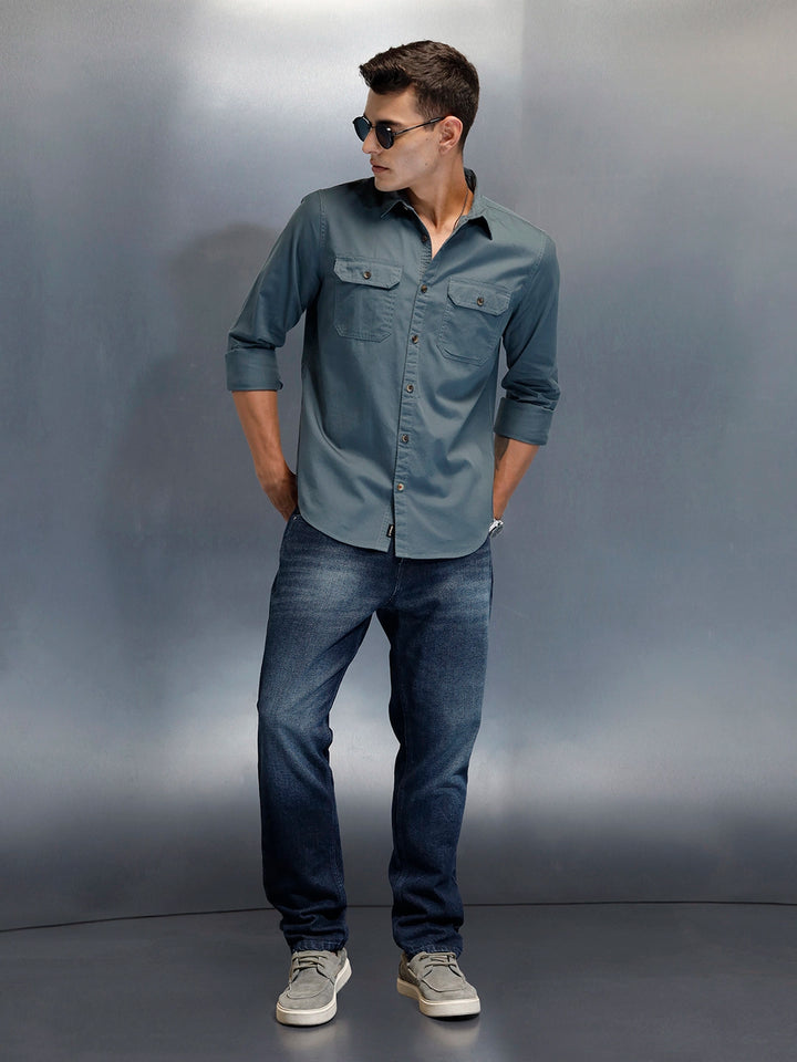 Men's Casual Cargo Double Pocket Shirt | Teal