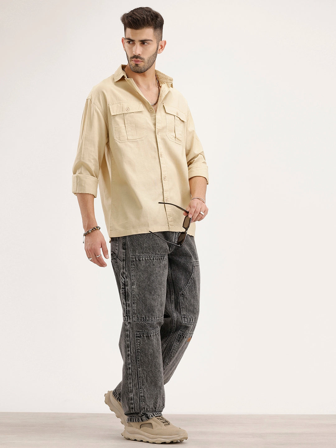 Solid Oversized Double Pocket Shirt | Khaki