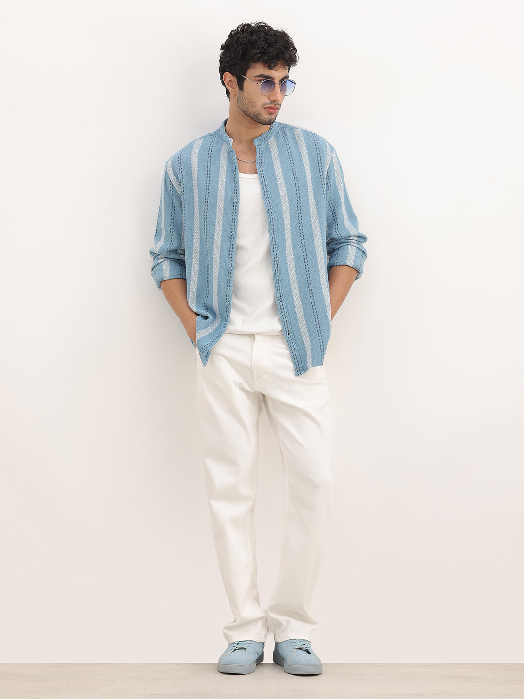 Comfort Fit Mandrin Collar Stripe Shirt | Blue