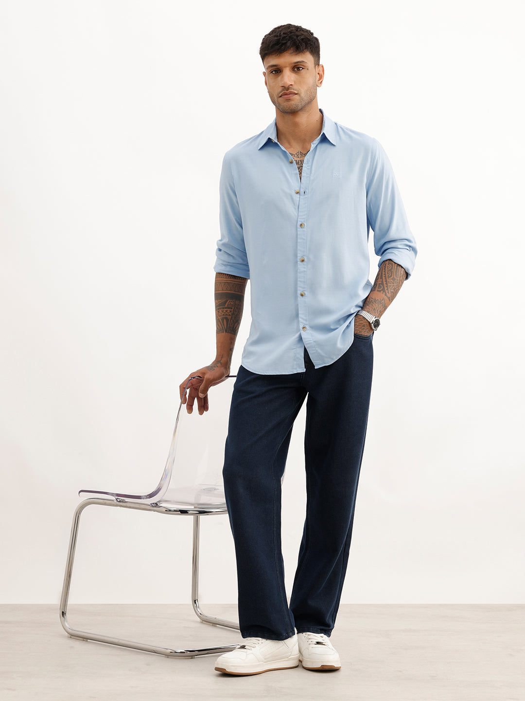 Solid Slim Fit Full Sleeve Shirt | Blue