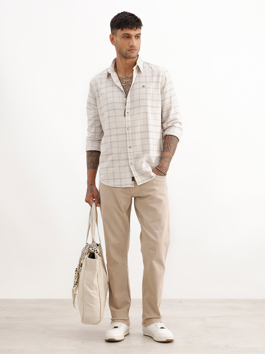 Slim Fit Checkered Full Sleeve Shirt | Beige