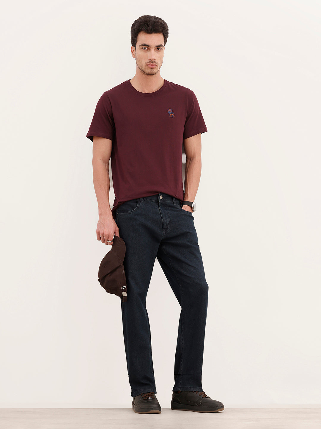Slim Fit Quirky Emroidered Patch Detail T-Shirt | Wine