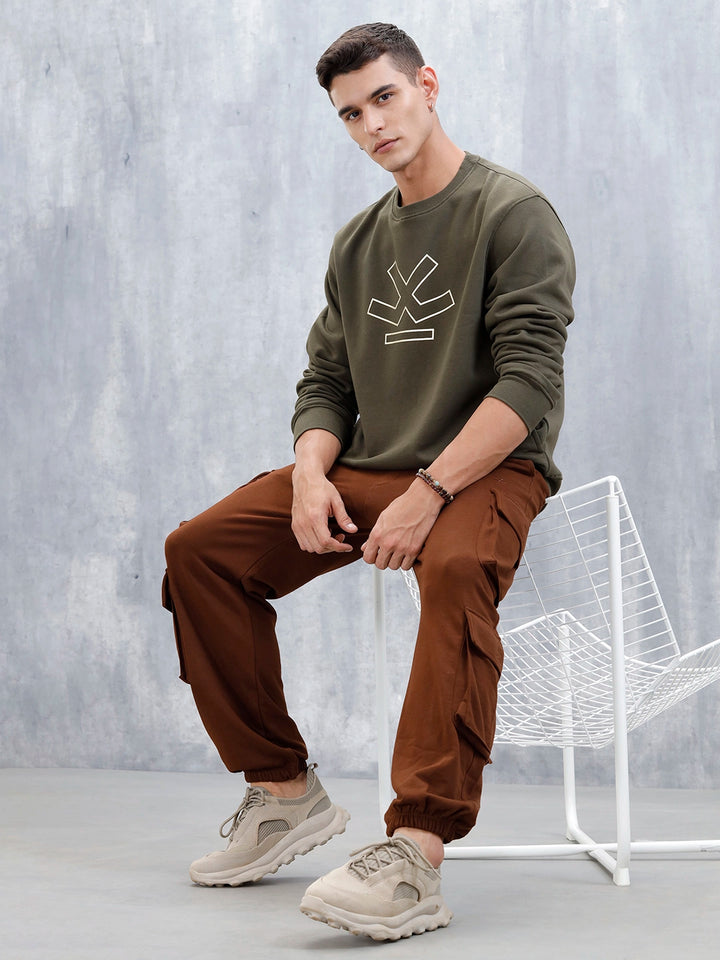 Wrogn Comfort Fit Graphic Sweatshirt For Men | Olive