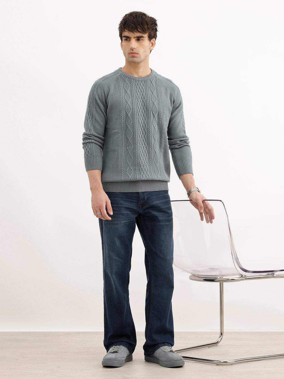 Solid Regular Fit Cable Knitted Sweater | Teal | WSW02FSRE1018W