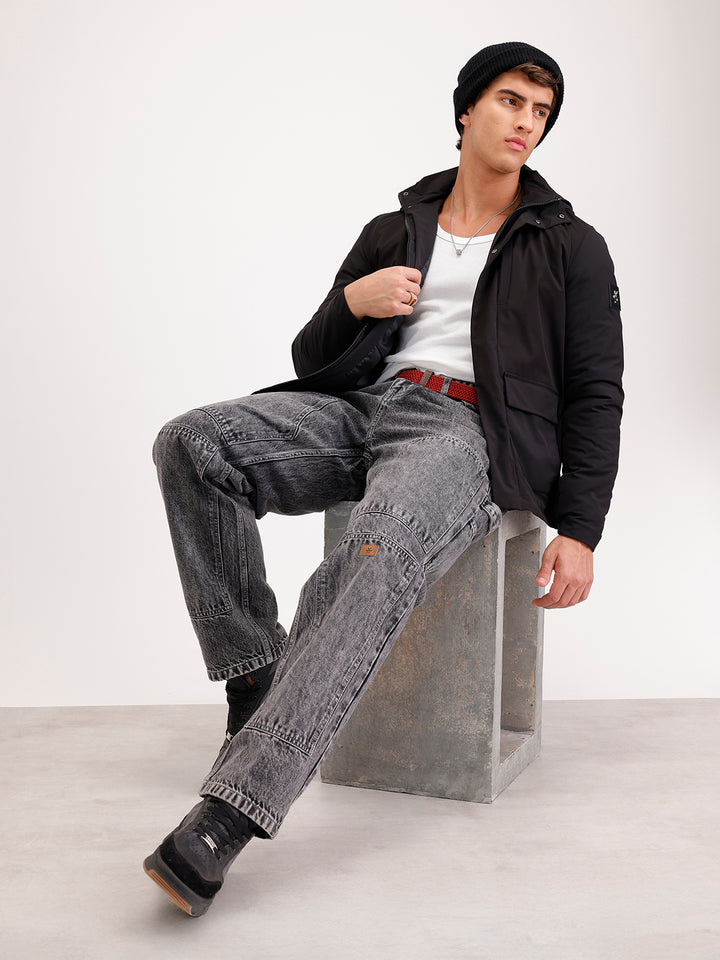 Slim Fit Double Pocket Hooded Jacket  | Black