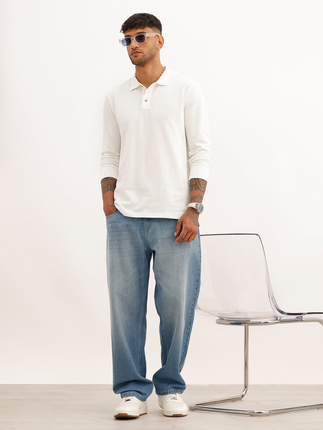 Solid Slim Fit Full Sleeve Polo T-Shirt | Off White