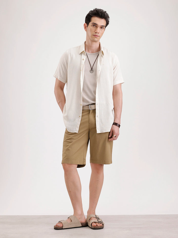 Slim Fit Half Sleeve Linen Blend Shirt  | Beige