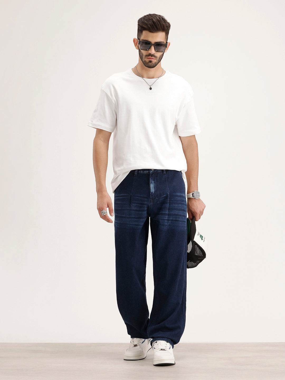 Loose Pleat Fit Denim Jeans | Dark Blue