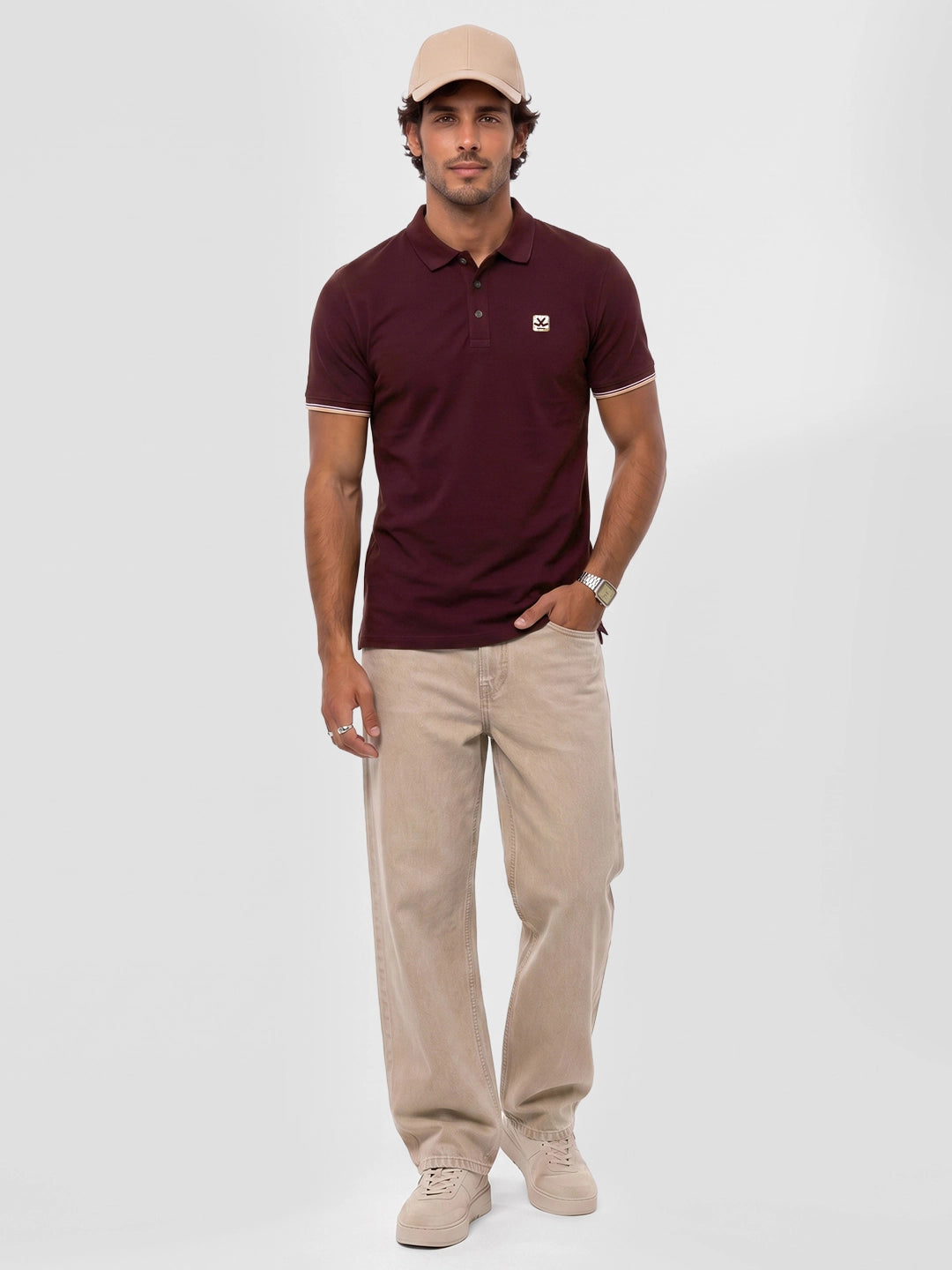 Slim Fit Contrast Sleeve Polo T-Shirt | Maroon