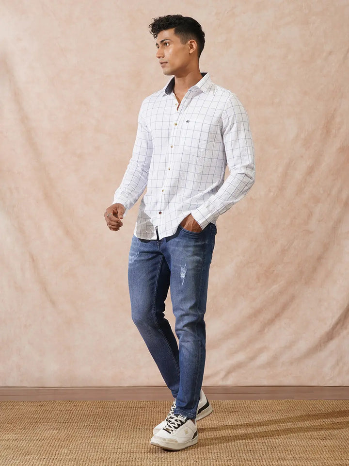 Checked Seersucker Slim Fit Shirt | White