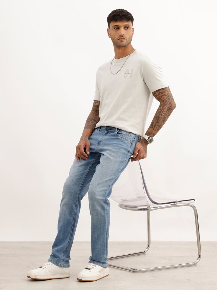 Faded Straight Fit Denim Jeans | Light Blue