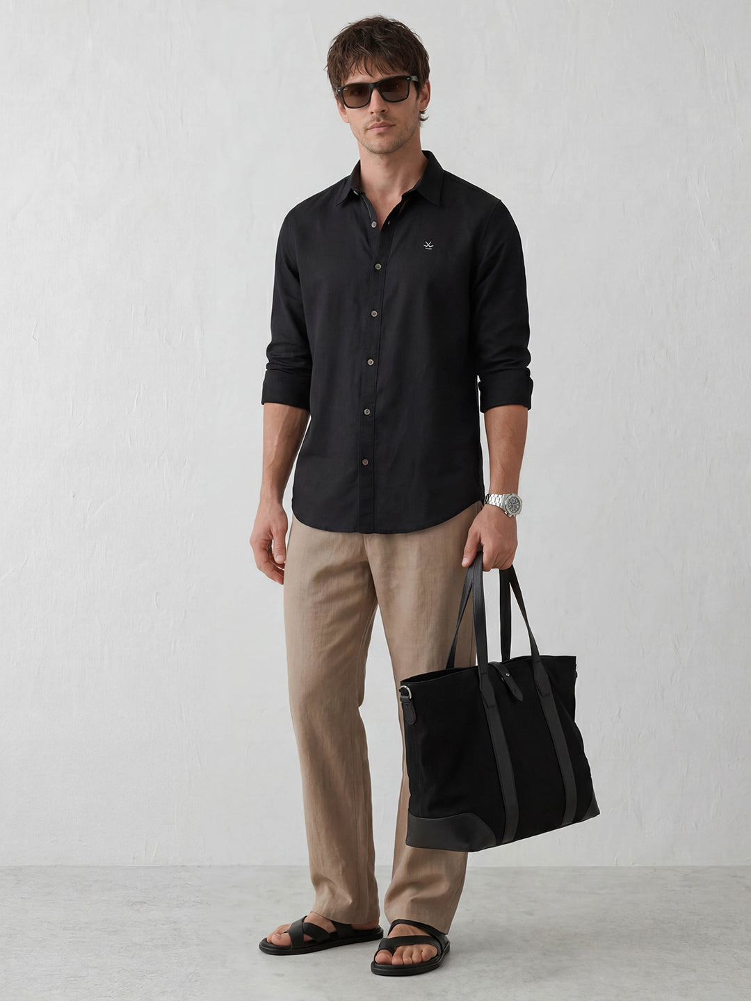 Linen Blend Slim Fit Shirt | Black