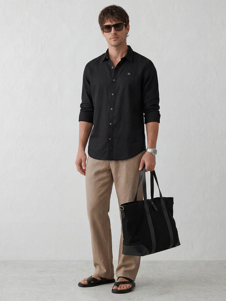 Linen Blend Slim Fit Shirt | Black