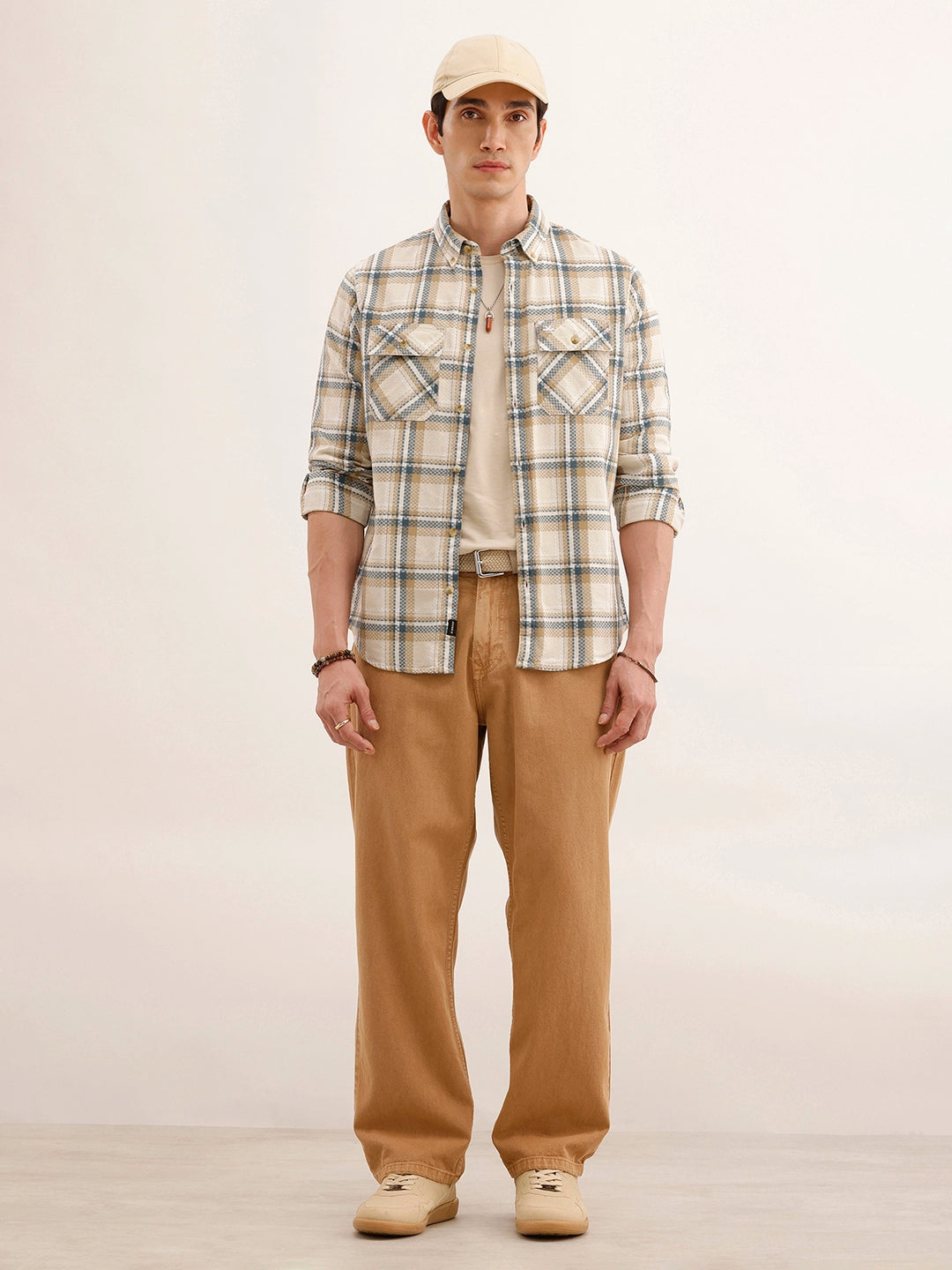 Regular Fit Double Pocket Checkered Shirt | Beige