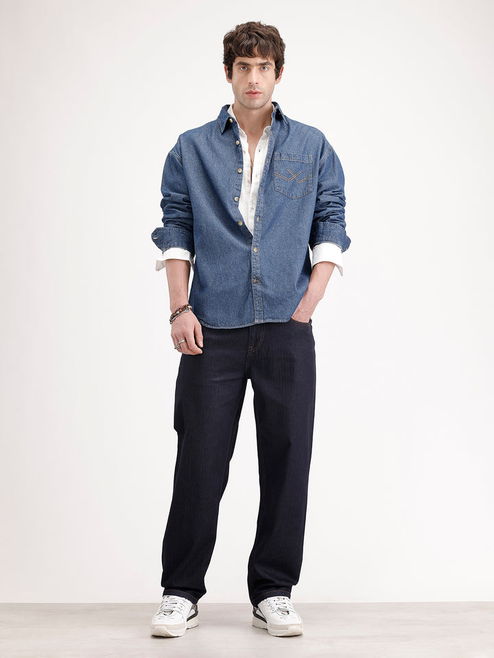 Loose Fit Textured Denim Jeans | Dark Blue