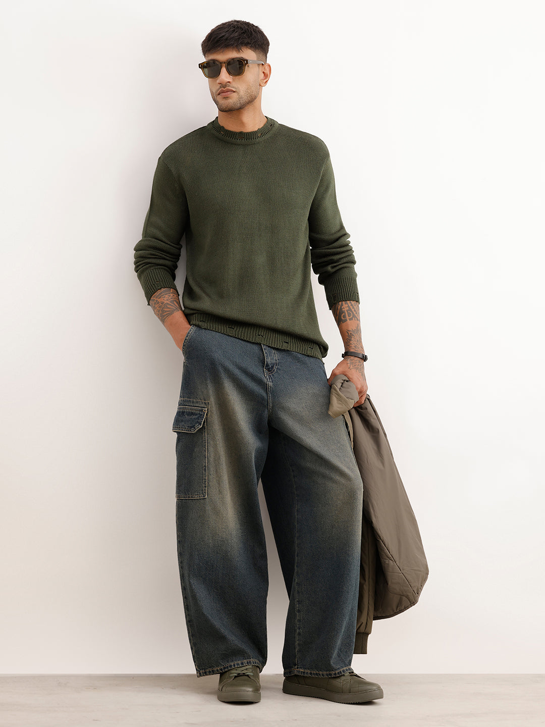 Solid Regular Fit Knitted Sweater | Olive