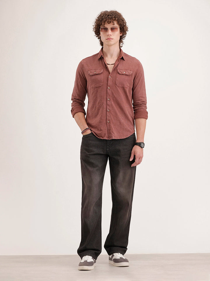 Solid Slim Fit Double Pocket Shirt | Rust