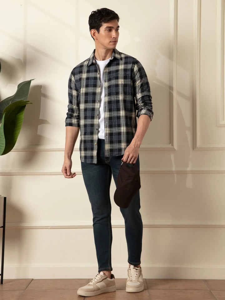 Textured Checks Slim Fit Shirt | Black