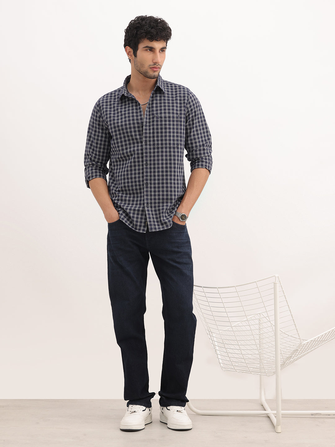 Slim Fit Checkered Full Sleeve Shirt | Navy Blue
