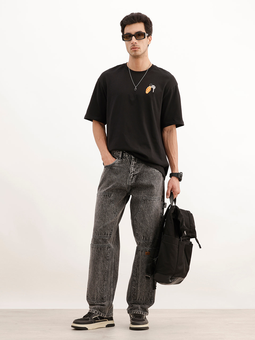 Oversized Emroidered Patch Detail T-Shirt | Black