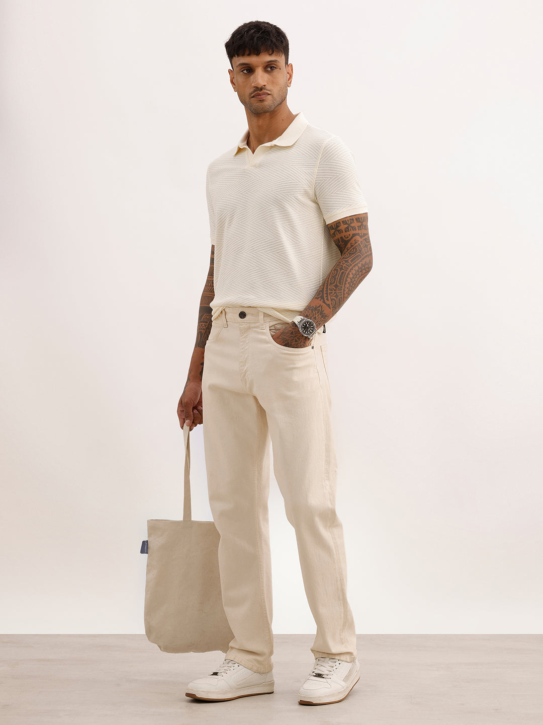 Solid Slim Fit Textured Polo T-Shirt | Off White | WPT02HSSL1245S
