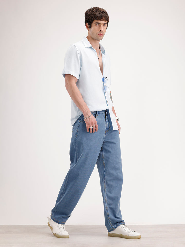 Loose Fit Textured Denim Jeans | Light Blue