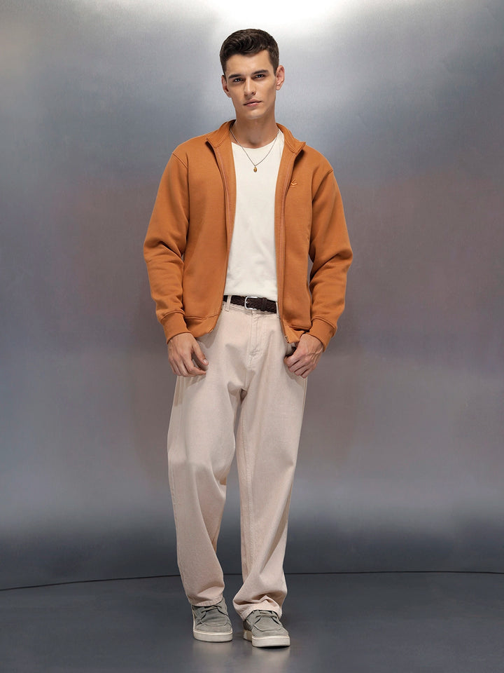 men's casual front zip up stand collar sweatshirt | Brown