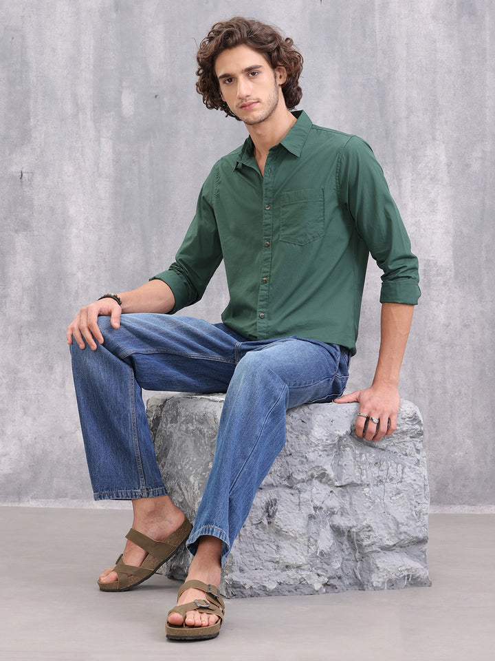 Pure Cotton Enzyme Washed Regular Fit Shirt I Olive