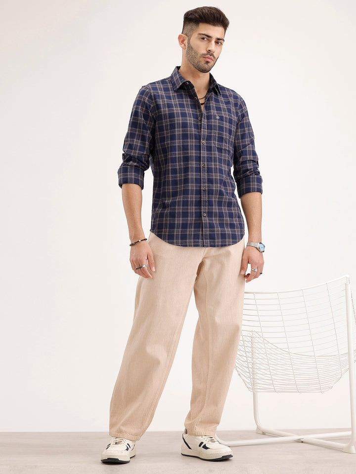 Regular Fit Checkered Shirt| Blue