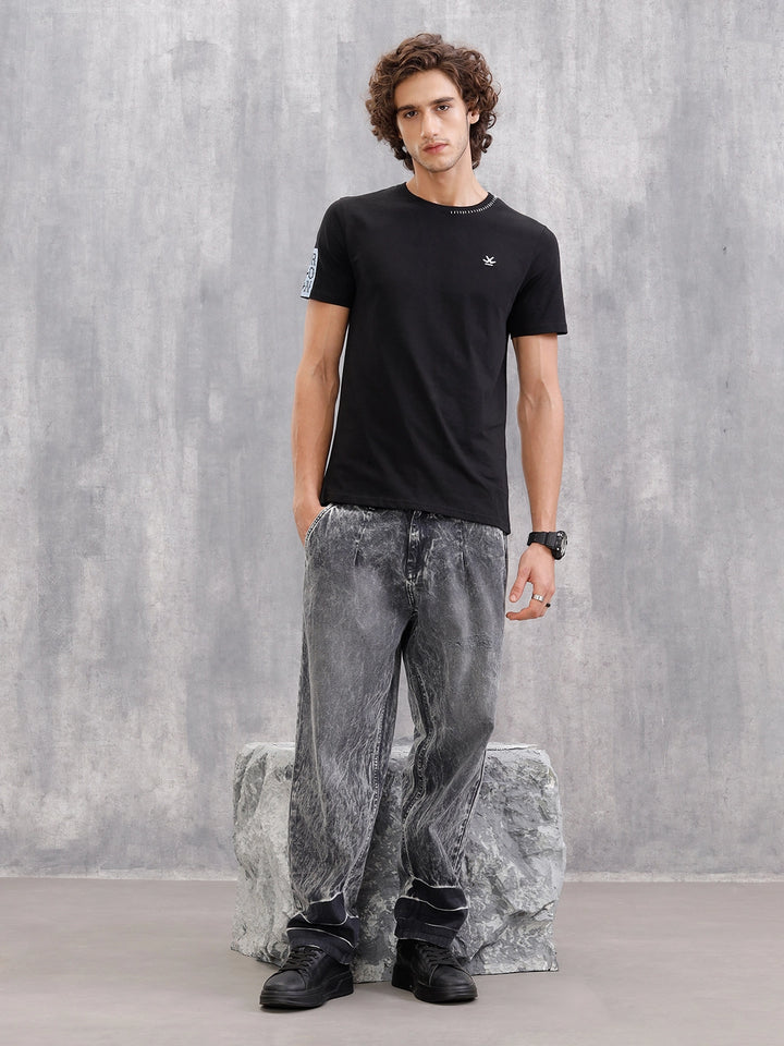 Solid Crew Neck With Contrast Stitch And Print Detail  |  Black