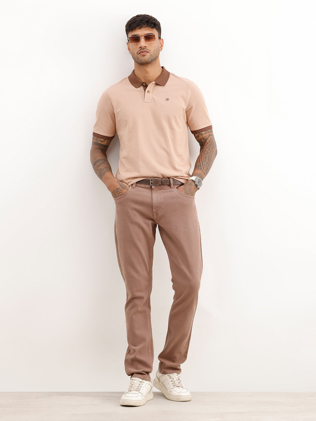 Slim Fit Contrast Collar Polo T-Shirt | Light Brown