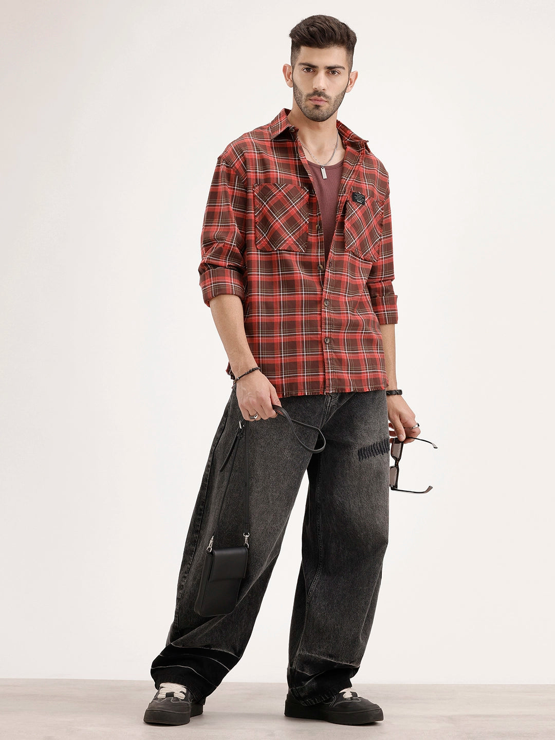 Oversized Raw Edge Double Pocket Checkered Shirt | Brown