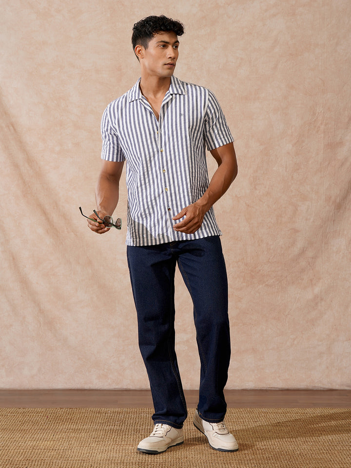 Textured Stripes Resort Collar Shirt | Off White