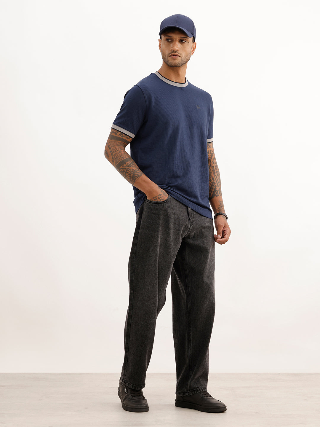 Textured Slim Fit Contrast Collar T-Shirt | Navy Blue | WTS02HSSL1222S