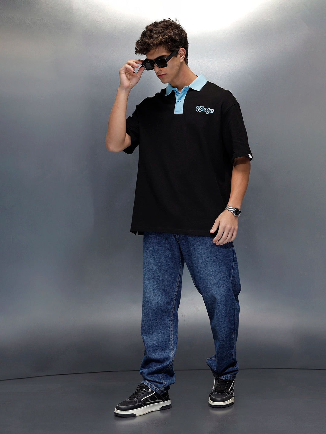 Oversized fit polo t-shirt with contrast collar | Black